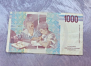 Old paper money 1000 lire, Italian bill, Maria Montessori Italy Banknote photo