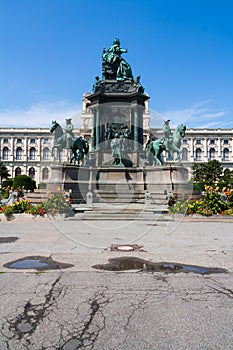 Maria-Theresien-Platz in Wien, Austria. On the background is building of museum. side view Monument of the Empress Maria Theresa