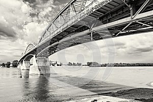 Maria Valeria bridge from Esztergom, Hungary to Sturovo, Slovakia, black and white photo