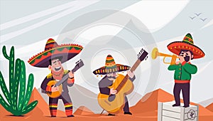 Mariachi. A group of funny Mexican musicians against a desert background. Vector illustration in flat style.