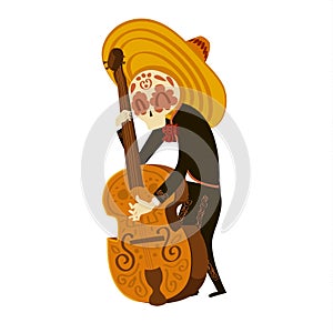 Mariachi skeleton in sombrero playing a contrabass