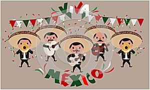Mariachis playing at independence day party and text in spanish: Long live Mexico photo