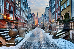 Mariacka Street of Gdansk, night winter view, Poland photo