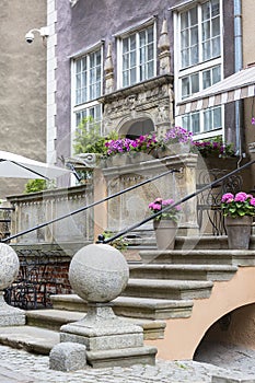 Mariacka street, typical decorative stoop with stone stairs, Gdansk, Poland