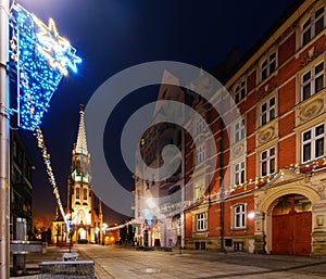 Mariacki church in christmas night. Katowice, Poland. Europe.