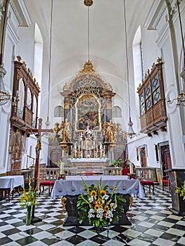 Mariahilfer church interior, famous attraction situated in the historic city center of Graz, Styria