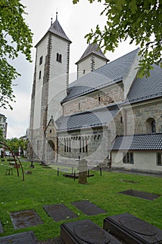 Mariakirken, St. Mary`s Church, in Sandviken, Bergen, Norway. Front of the church showing the two bell towers photo