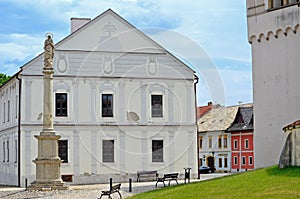 Marian Column and Renaissance-style city hall in Spisska Sobota, Slovakia