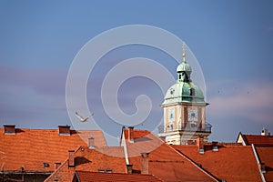 Maribor - Breathtaking panorama from Drava River on beauty of Maribor Cathedral