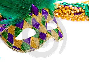 Marid Gras Mask and beads on white