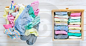 Marie Kondo tyding up method concept - before and after kids clothes drawer photo