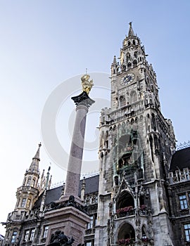 Marien's Column or Mariensaule located on Marienplatz before New City Hall in Munich, Germany.