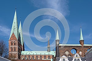 Marienkirche Lubeck (St. Mary church) and a part of the historic town hall, both in brick architecture