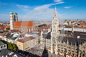 Marienplatz clock town in downtown, view from top of tower with cityscape view.