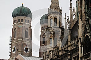 Marienplatz in Munich with its famous MÃÂ¼nchner Kindl, Frauenkirche and New Town Hall, Germany photo