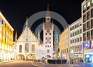 Marienplatz at night in Munich, Germany. Old Town Hall.