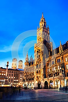 Marienplatz at night with Town Hall of Munich, Germany