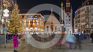 Marienplatz with the old Munich town hall and the Talburg Gate night timelapse, Bavaria, Germany.