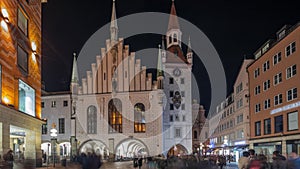Marienplatz with the old Munich town hall and the Talburg Gate night timelapse hyperlapse, Bavaria, Germany.