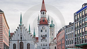 Marienplatz with the old Munich town hall and the Talburg Gate timelapse, Bavaria, Germany.