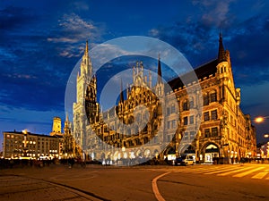 Marienplatz square at night with New Town Hall Neues Rathaus Munich, Germany