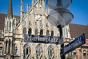 Marienplatz street sign over Munich town hall