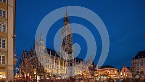 Marienplazt Old Town Square with New Town Hall day to night timelapse hyperlapse. Bavaria, Germany