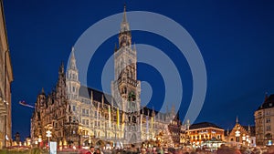 Marienplazt Old Town Square with New Town Hall day to night timelapse hyperlapse. Bavaria, Germany