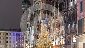 Marienplazt Old Town Square with New Town Hall night timelapse. Bavaria, Germany