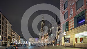 Marienplazt Old Town Square with New Town Hall night timelapse hyperlapse. Bavaria, Germany