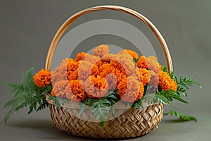 Marigold charm Zendu flowers arranged delicately in a bamboo basket