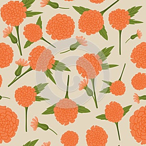 Marigold flower cartoon style hand drawn seamless pattern for fabric, apparel, wallpaper, scrapbooking etc photo