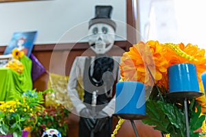 Marigold flowers on stand at day of the dead