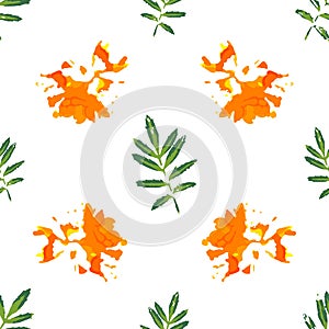 Marigold Leaves and Flowers Seamless Pattern Background