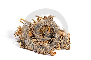 Marigold seeds against a white background