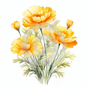 Marigold Watercolor Painting: White Alba Flowers On White Background