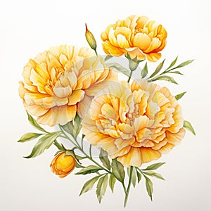 Marigold Watercolor Painting: White Love Flowers On White Background photo