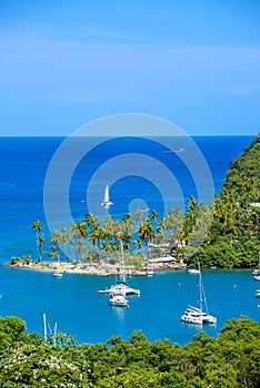 Marigot Bay, Saint Lucia, Caribbean. Tropical bay and beach in exotic and paradise landscape scenery. Marigot Bay is located on