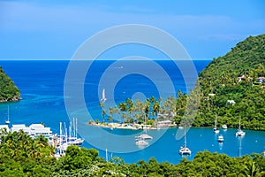 Marigot Bay, Saint Lucia, Caribbean. Tropical bay and beach in exotic and paradise landscape scenery. Marigot Bay is located on