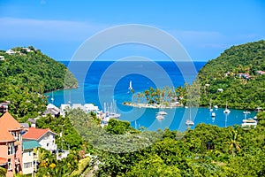 Marigot Bay, Saint Lucia, Caribbean. Tropical bay and beach in exotic and paradise landscape scenery. Marigot Bay is located on