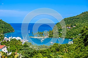 Marigot Bay, Saint Lucia, Caribbean. Tropical bay and beach in exotic and paradise landscape scenery. Marigot Bay is located on