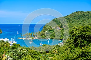 Marigot Bay, Saint Lucia, Caribbean. Tropical bay and beach in exotic and paradise landscape scenery. Marigot Bay is located on