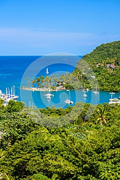 Marigot Bay, Saint Lucia, Caribbean. Tropical bay and beach in exotic and paradise landscape scenery. Marigot Bay is located on