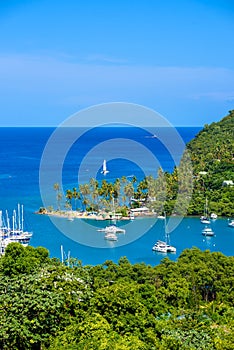 Marigot Bay, Saint Lucia, Caribbean. Tropical bay and beach in exotic and paradise landscape scenery. Marigot Bay is located on