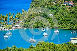 Marigot Bay, Saint Lucia, Caribbean. Tropical bay and beach in exotic and paradise landscape scenery. Marigot Bay is located on