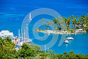 Marigot Bay, Saint Lucia, Caribbean. Tropical bay and beach in exotic and paradise landscape scenery. Marigot Bay is located on