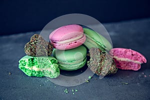 Marijuana Edibles With Nugs On Dark Slate Background. Selective Focus With Copy Space