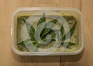 Marijuana green butter after finishing cooking