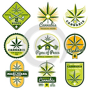 Marijuana, hashish, drug medicine vector logos and labels set