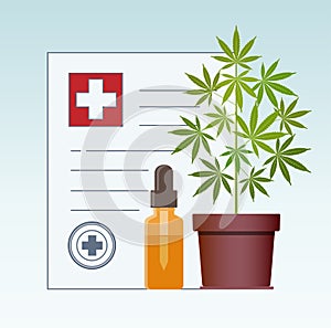 Marijuana plant and dropper with CBD oil. Cannabis Oil. Medical marijuana in Healthcare a prescription for medical marijuana.